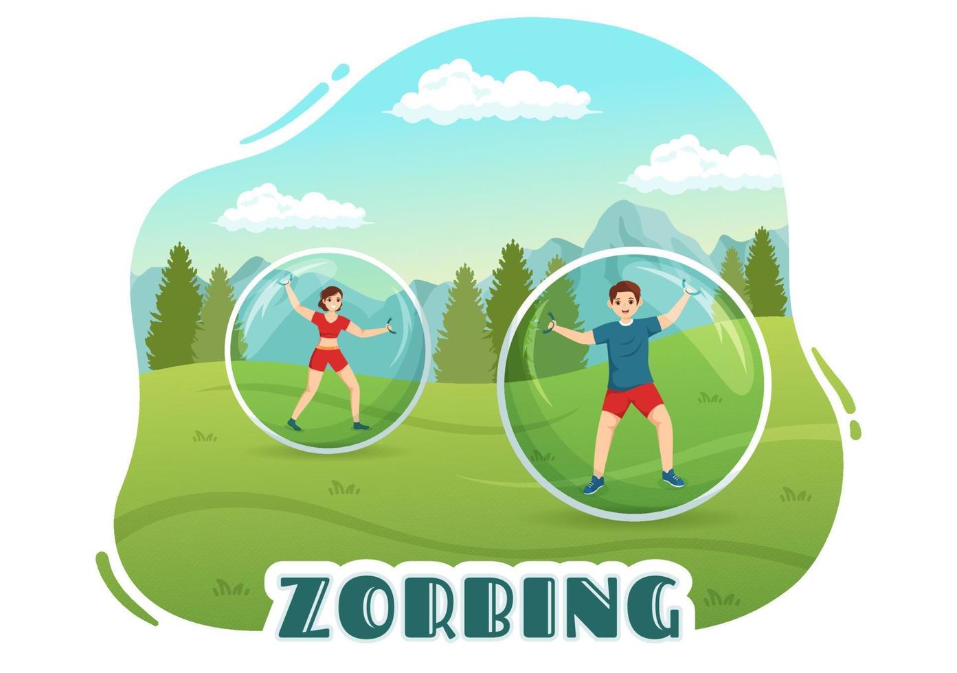 ilustración de zorbing con personas jugando burbujas en un campo verde o piscina para banner web o página de destino en plantillas planas dibujadas a mano de dibujos animados vector