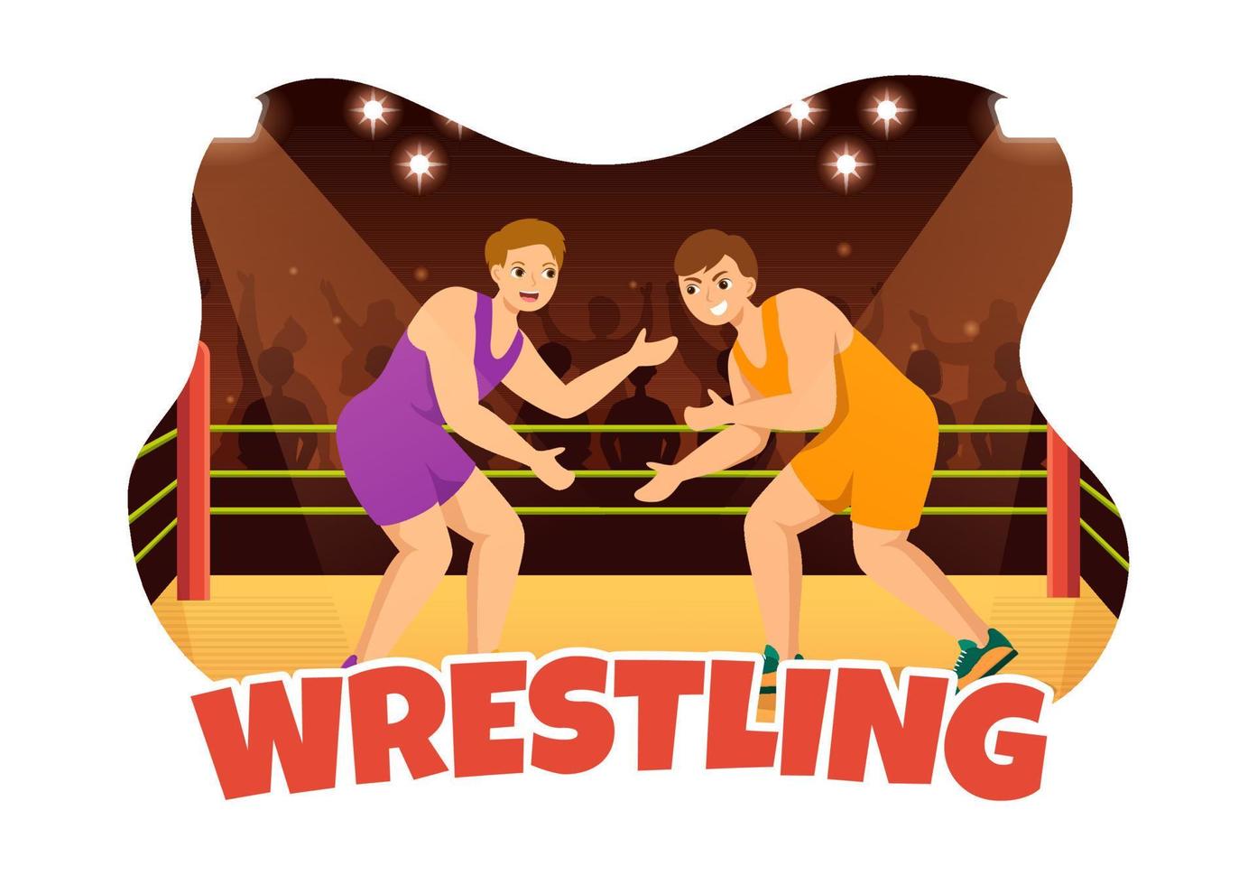 ilustración de lucha libre con dos luchadores de competición de boxeo o deporte de campeonato en una arena en dibujos animados planos dibujados a mano para plantillas de página de destino vector
