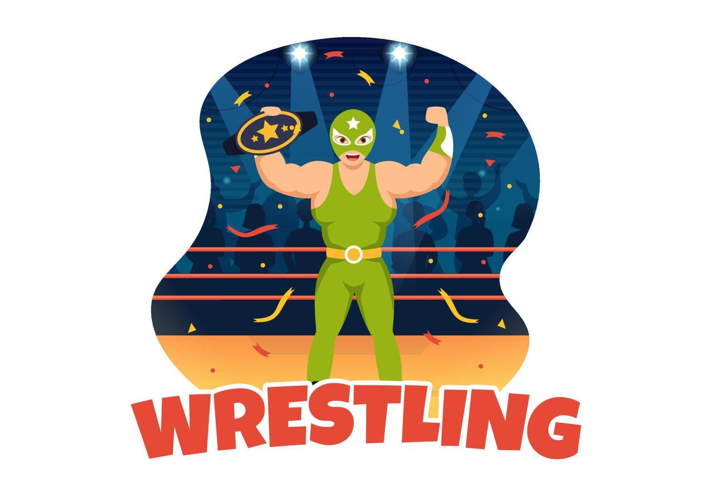 ilustración de lucha libre con dos luchadores de competición de boxeo o deporte de campeonato en una arena en dibujos animados planos dibujados a mano para plantillas de página de inicio vector