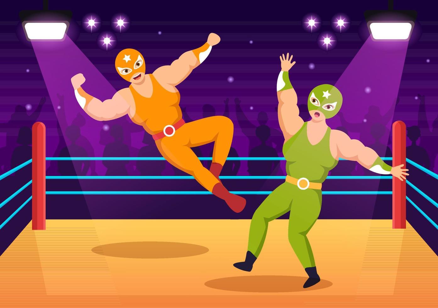 Wrestling Illustration with Two fighters Boxing Competition or Championship Sport on a Arena in Flat Cartoon Hand Drawn for Landing Page Templates vector