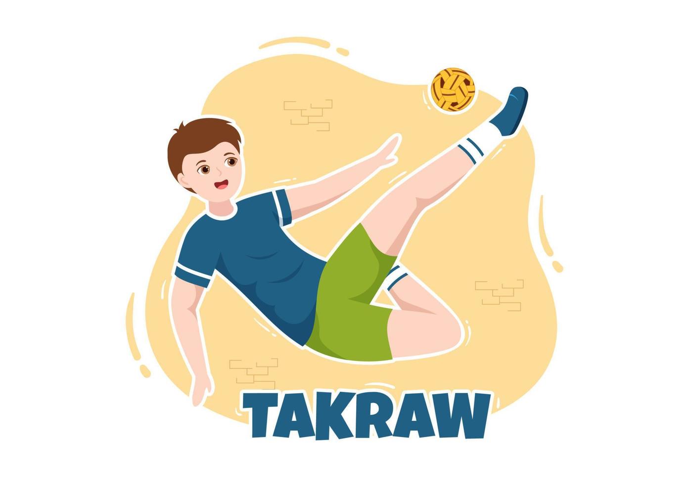 ilustración de sepak takraw con atleta jugando kick ball en la cancha en dibujos animados de competencia de juegos deportivos planos dibujados a mano para plantilla de página de destino vector