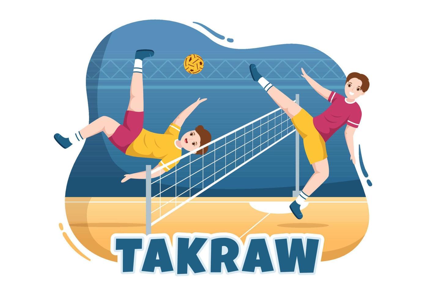 ilustración de sepak takraw con atleta jugando kick ball en la cancha en dibujos animados de competencia de juegos deportivos planos dibujados a mano para plantilla de página de destino vector