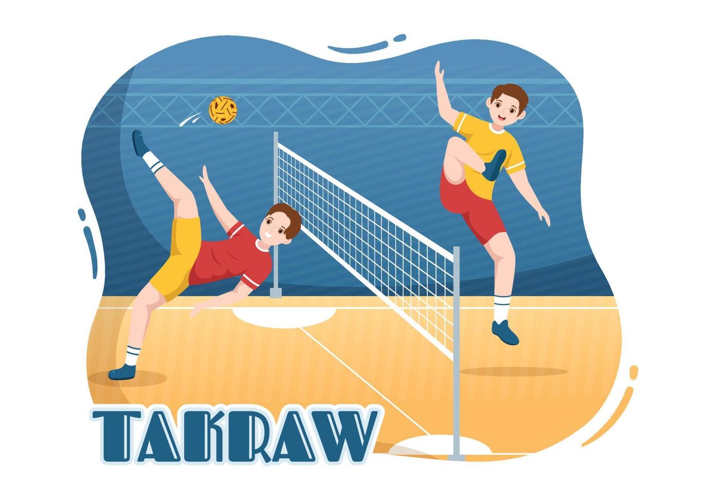 ilustración de sepak takraw con atleta jugando kick ball en la cancha en dibujos animados de competencia de juegos deportivos planos dibujados a mano para plantilla de página de destino vector