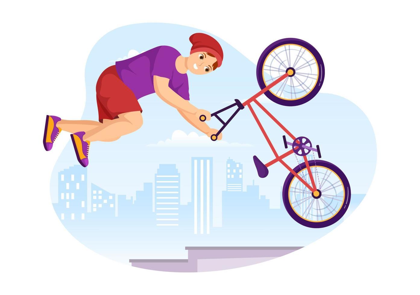 ilustración de deporte de bicicleta bmx con jóvenes en bicicleta para banner web o página de inicio en plantilla de fondo de dibujo a mano de dibujos animados plana vector