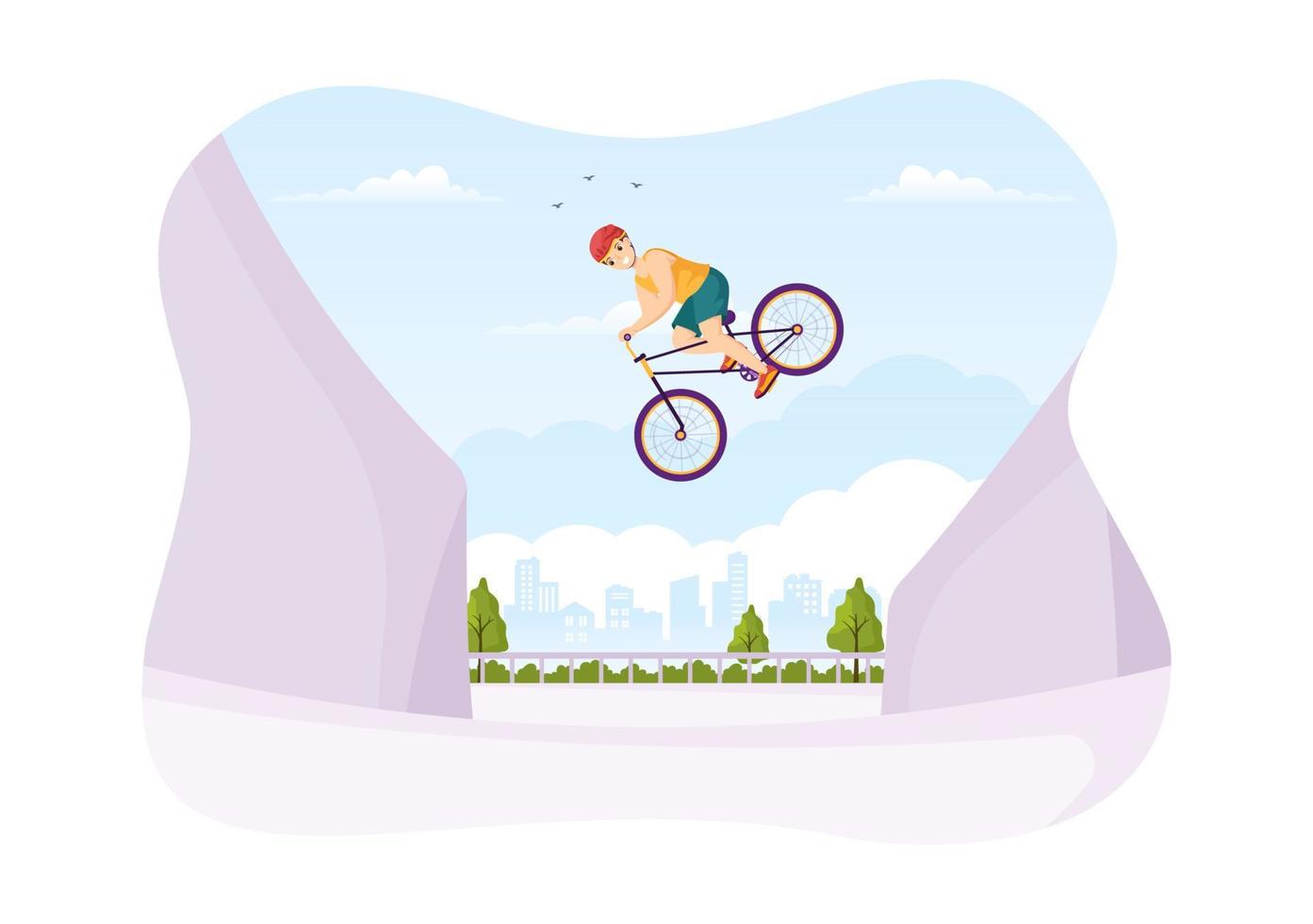 ilustración de deporte de bicicleta bmx con jóvenes en bicicleta para banner web o página de inicio en plantilla de fondo de dibujo a mano de dibujos animados plana vector