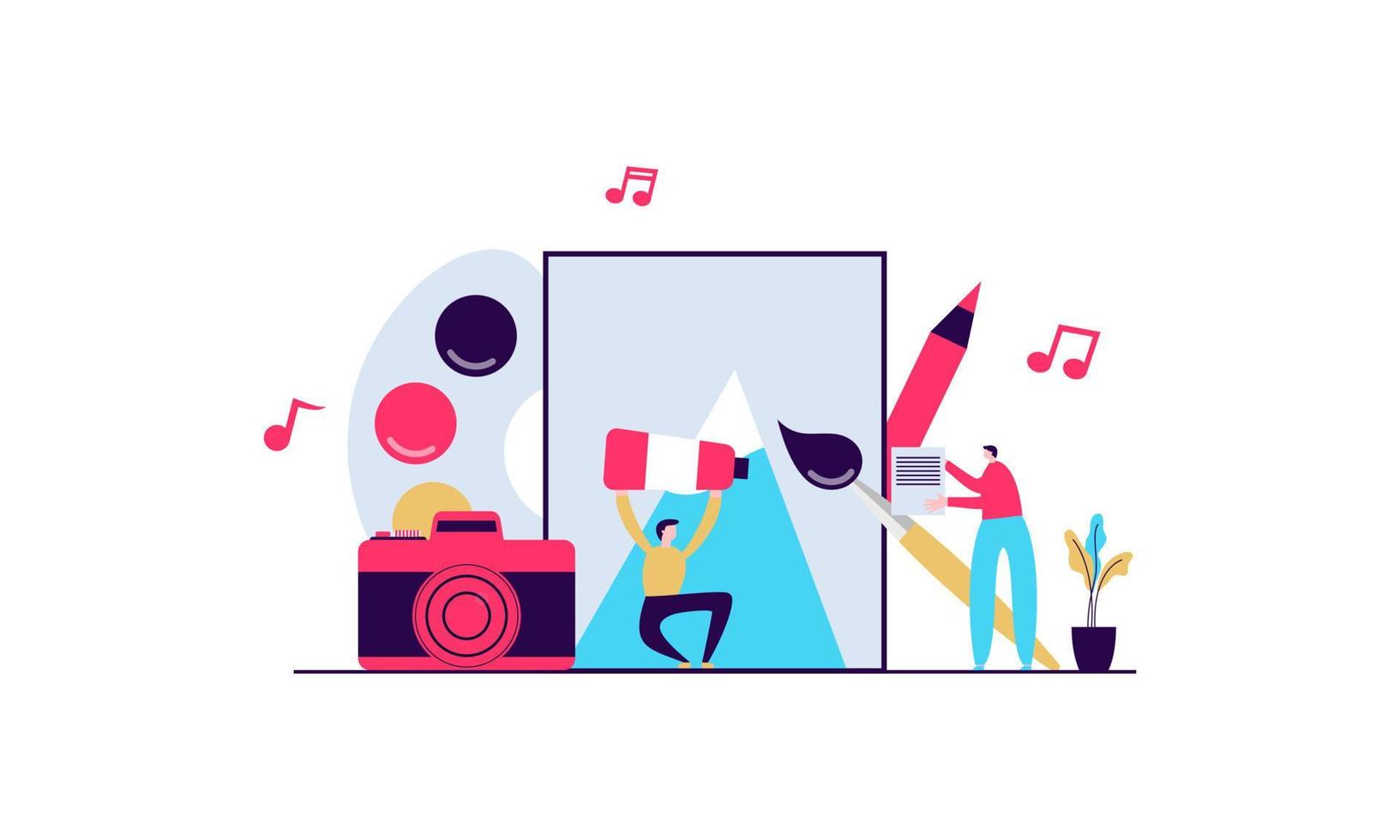 Arts vector illustration. Flat tiny music, literature and painting persons concept