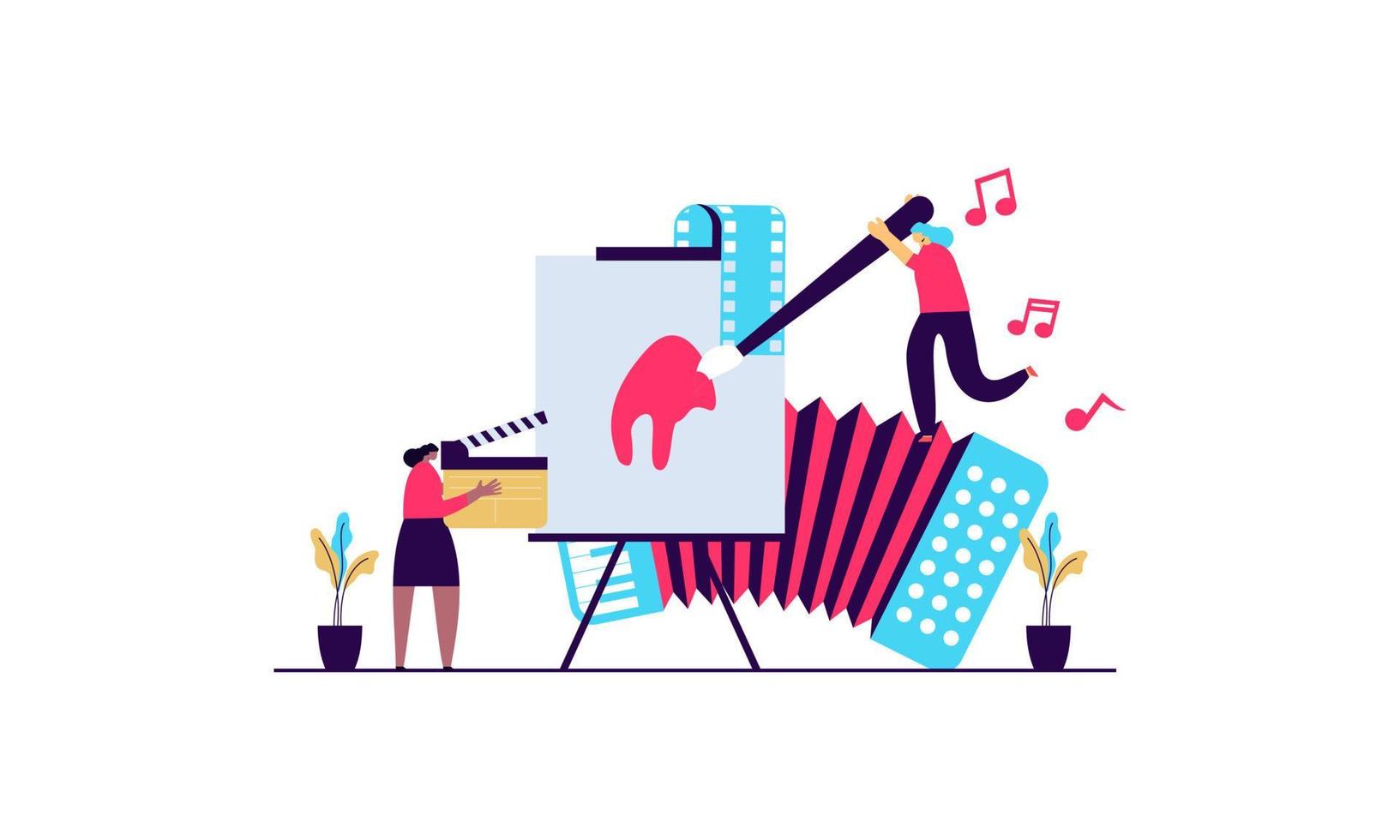 Arts vector illustration. Flat tiny music, literature and painting persons concept