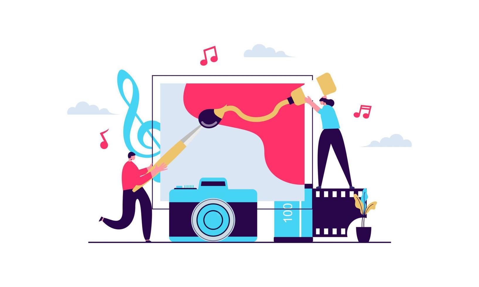 Arts vector illustration. Flat tiny music, literature and painting persons concept