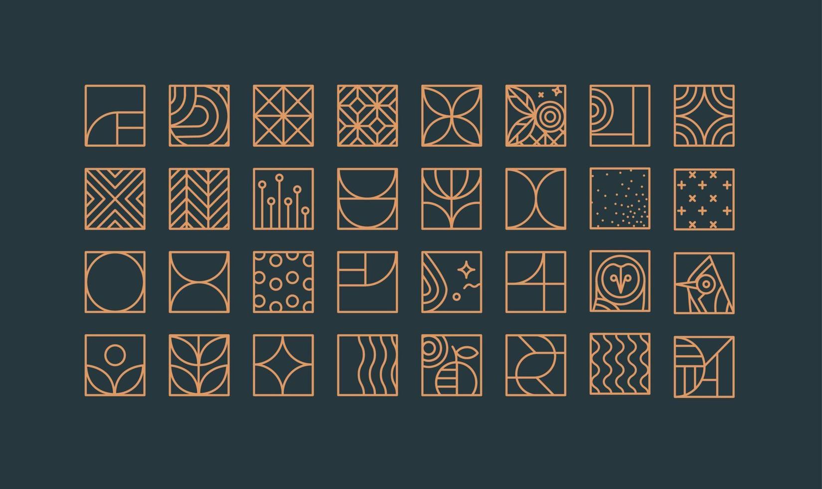 Set of creative modern art deco icons in flat line style drawing on blue background. vector