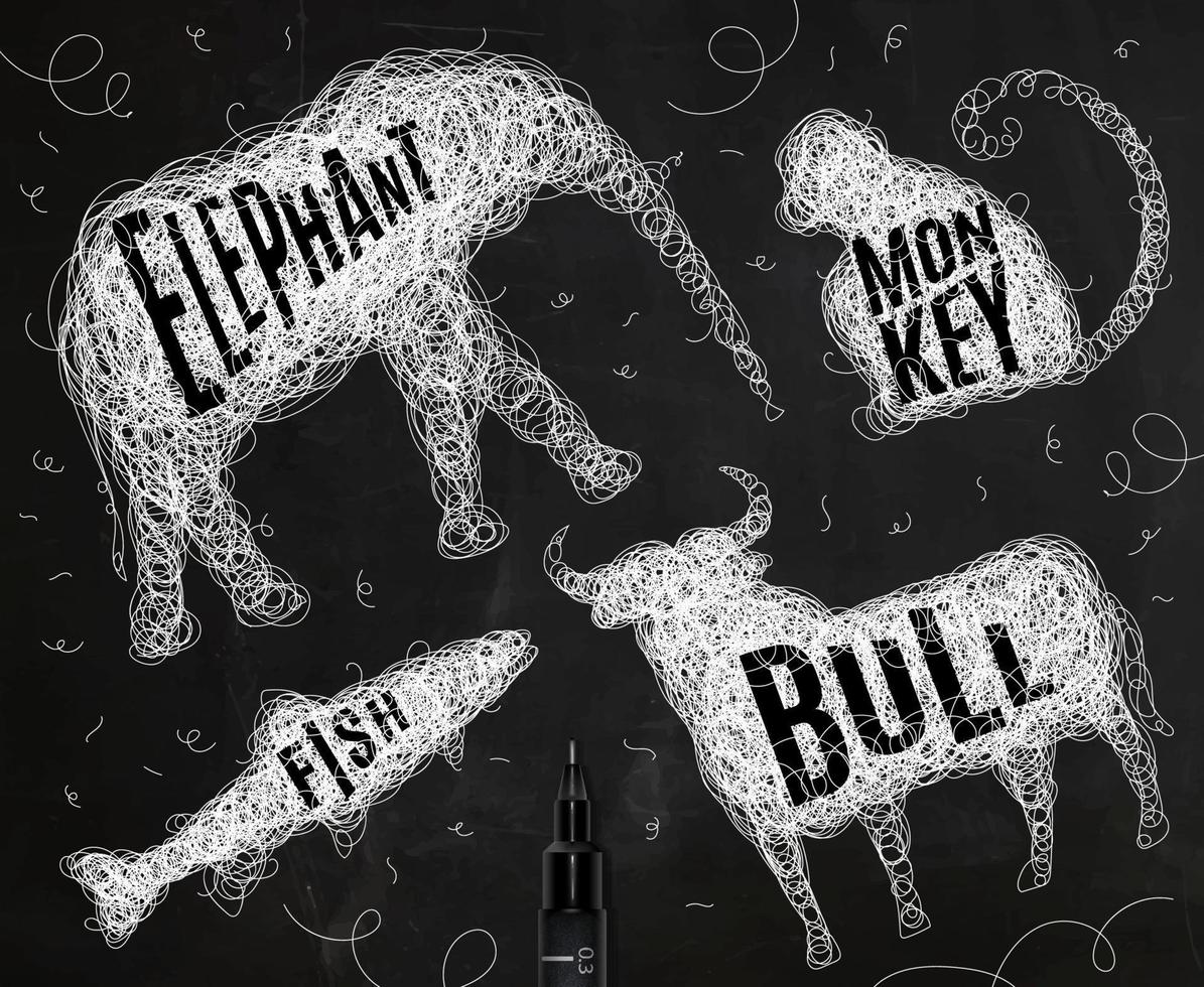 Pen hand drawing tangle wild animals elephant, monkey, bull, fish with inscription names of animals drawing with white ink on black background 18917019 Vector Art at Vecteezy Pen hand drawing tangle wild animals elephant, monkey, bull, fish with inscription names of animals drawing with white ink on black background 18917019 Vector Art at Vecteezy