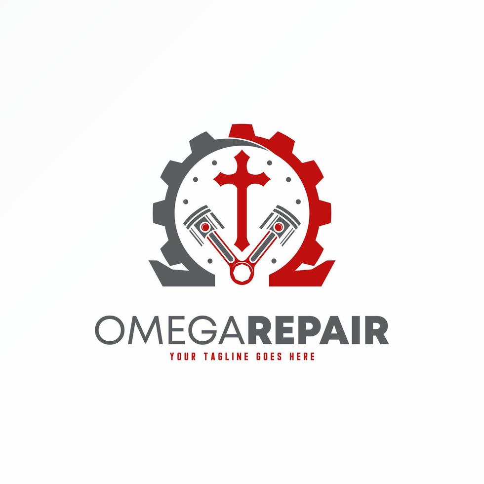 omega único, cruz cristiana, pistón y engranaje imagen icono gráfico diseño de logotipo concepto abstracto vector stock. se puede utilizar como un símbolo relacionado con el taller o la ciencia