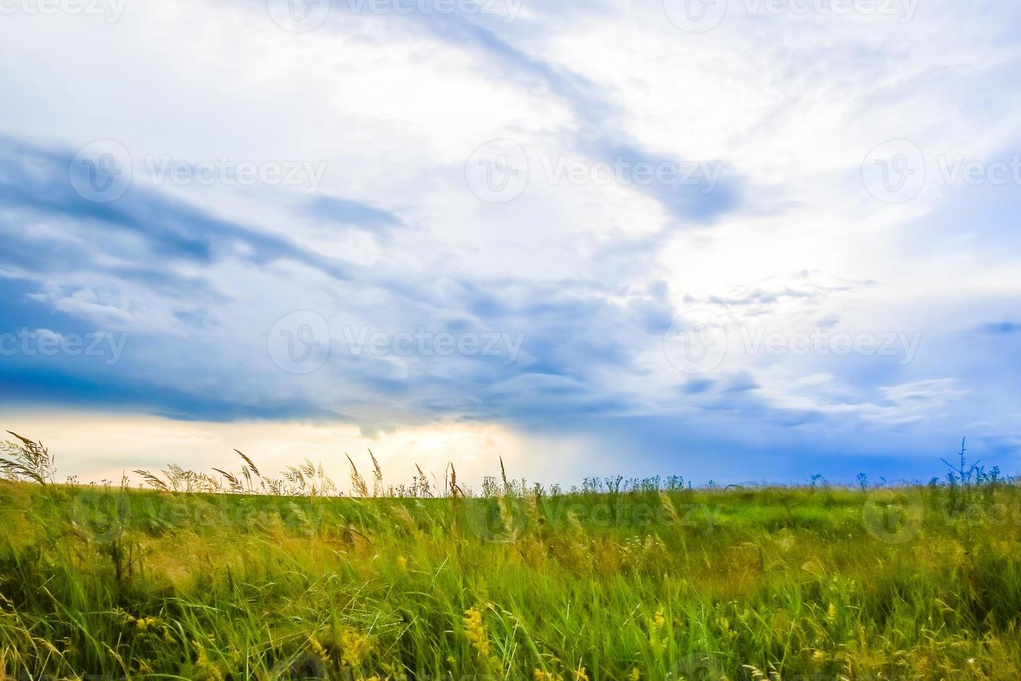 paisaje de campo verde con cielo azul y nubes tormentosas. foto