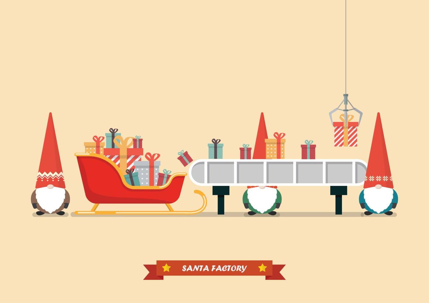 Santa sleigh with piles of presents waiting a gift boxes from robot machine vector