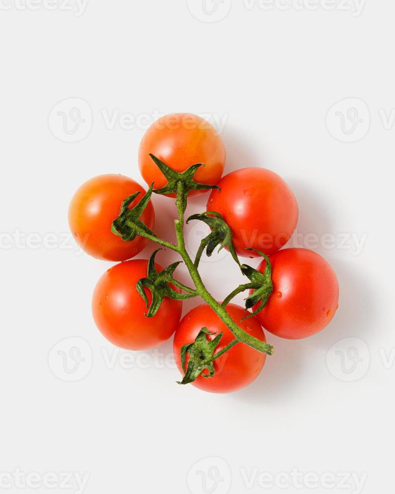 Cherry tomatoes on branches on white background. photo