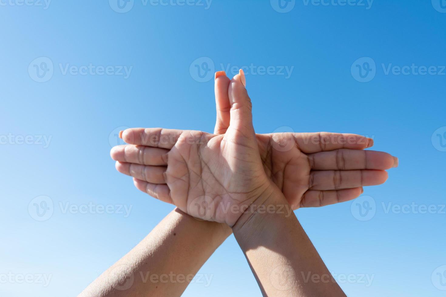 woman's hands making dove sign with her hands against blue sky photo