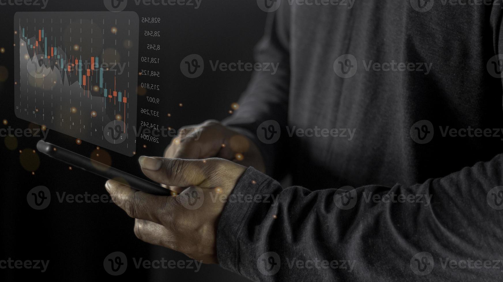 Businessman use  virtual increasing technical graph and up arrow for trader analysis. Stock, Cryptocurrency chart trader, trading, investment. photo