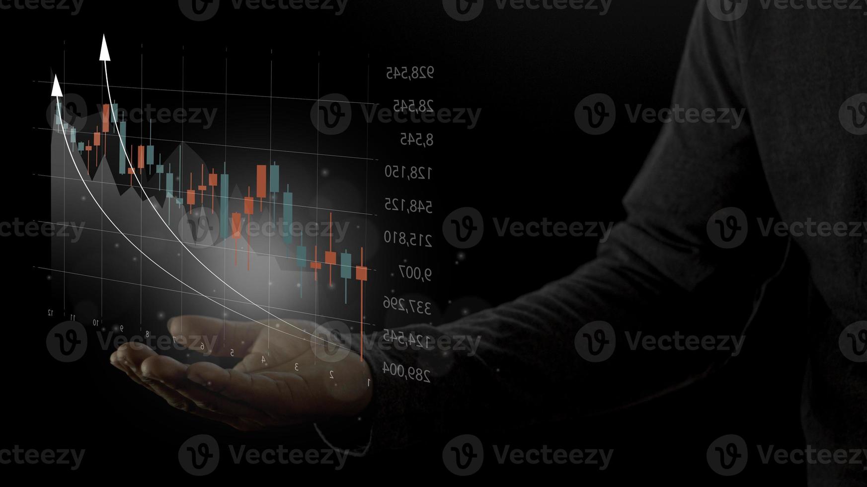 Businessman use  virtual increasing technical graph and up arrow for trader analysis. Stock, Cryptocurrency chart trader, trading, investment. photo