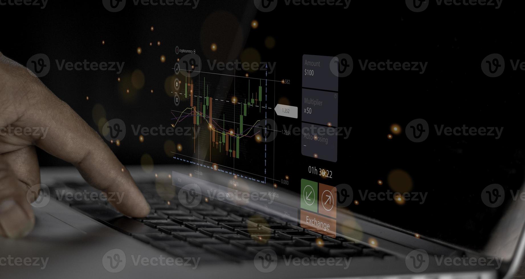 Businessman use  virtual increasing technical graph and up arrow for trader analysis. Stock, Cryptocurrency chart trader, trading, investment. photo