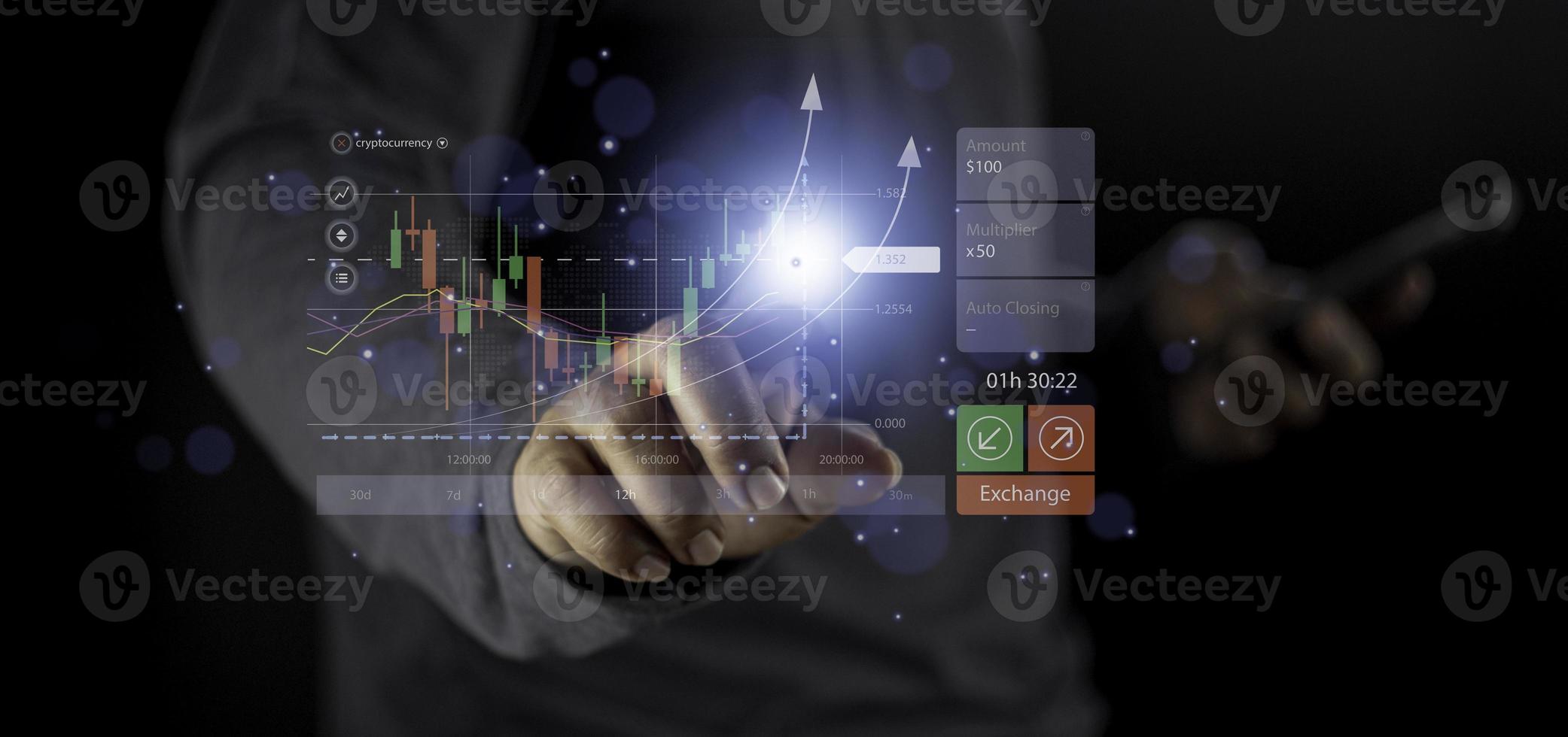 Businessman use  virtual increasing technical graph and up arrow for trader analysis. Stock, Cryptocurrency chart trader, trading, investment. photo