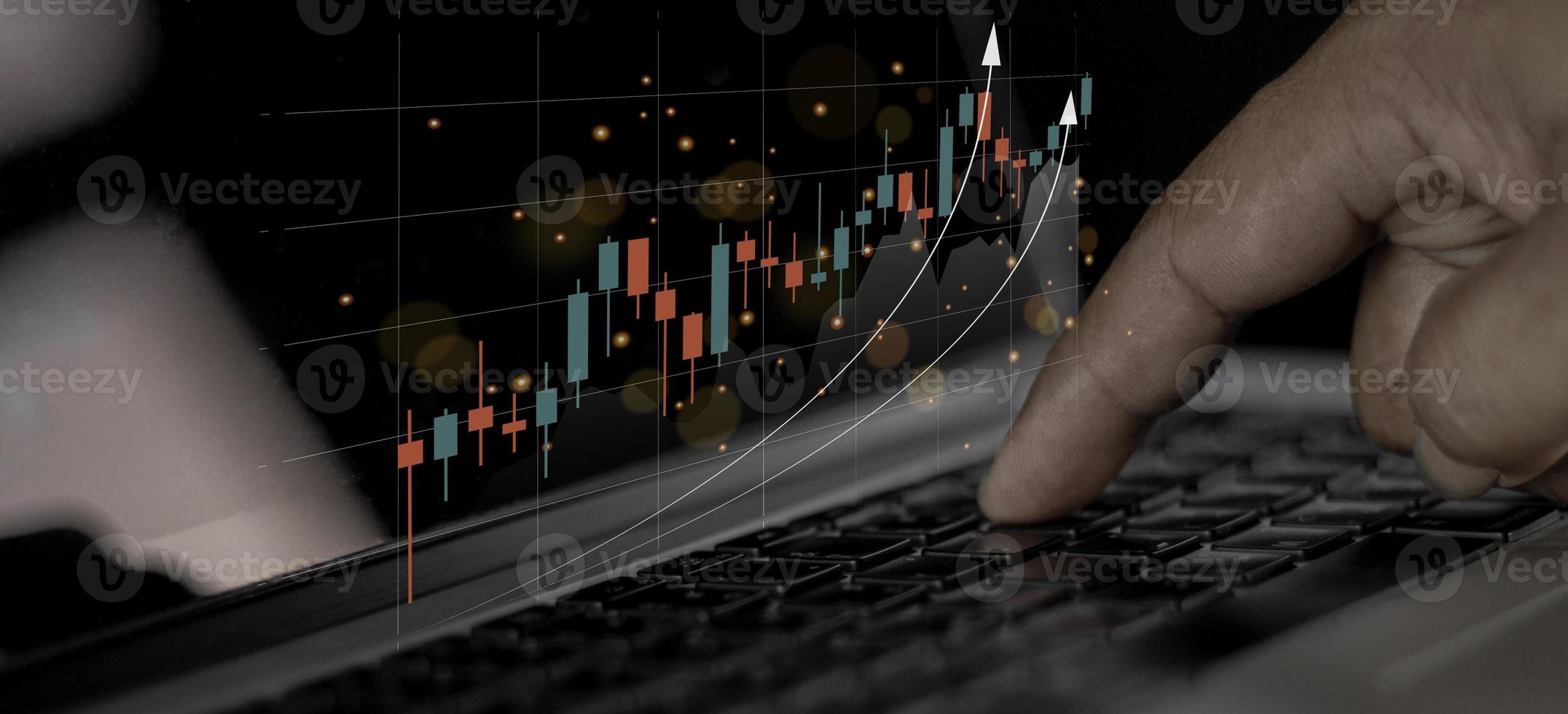 Businessman use  virtual increasing technical graph and up arrow for trader analysis. Stock, Cryptocurrency chart trader, trading, investment. photo
