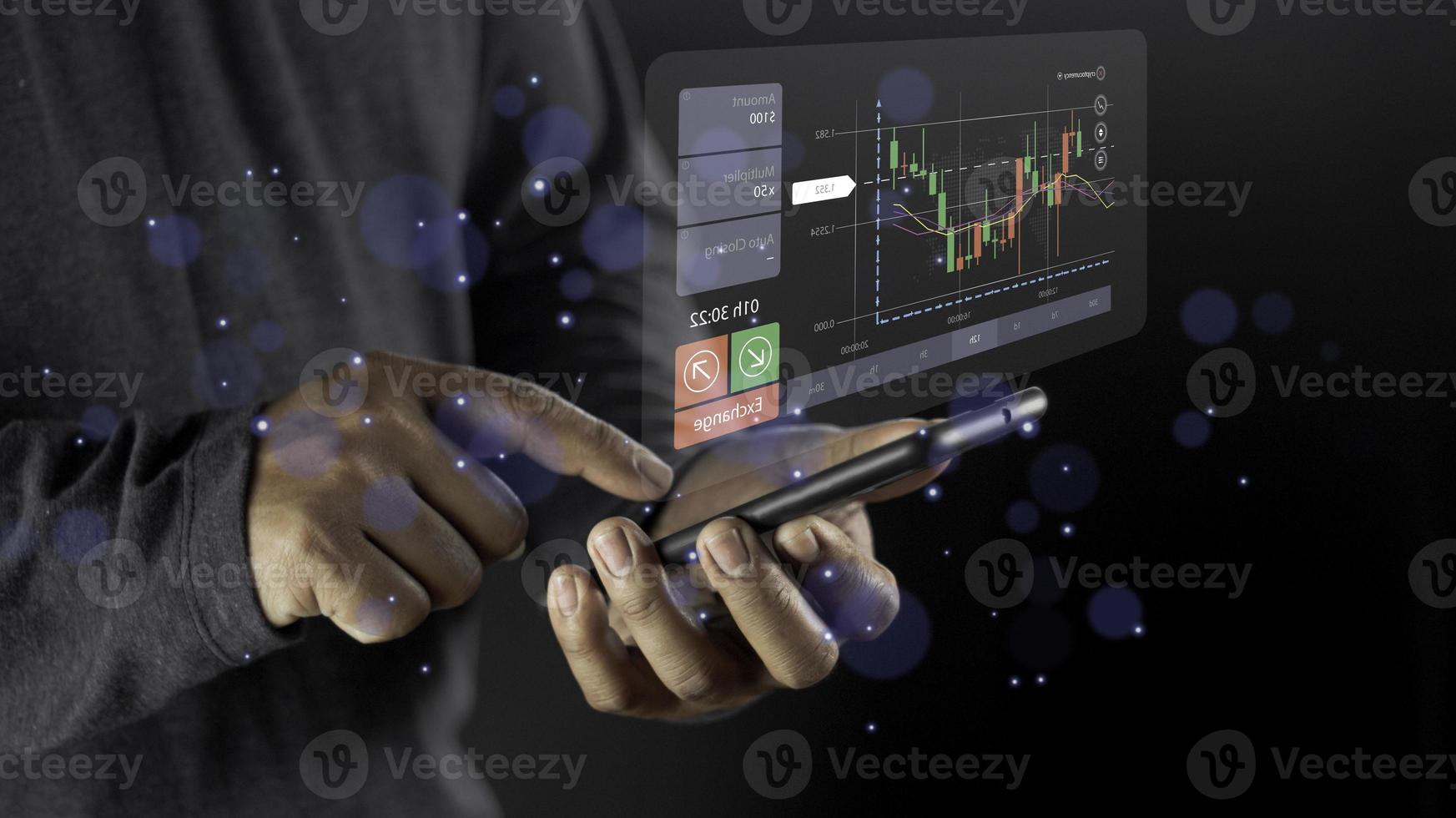 Businessman use  virtual increasing technical graph and up arrow for trader analysis. Stock, Cryptocurrency chart trader, trading, investment. photo