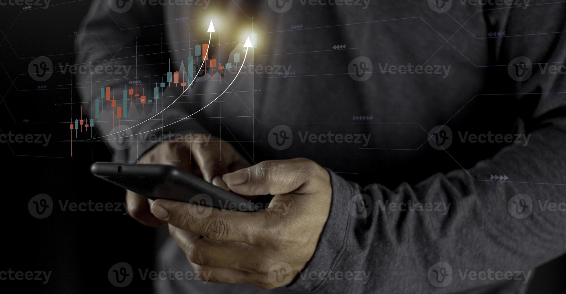 Businessman use  virtual increasing technical graph and up arrow for trader analysis. Stock, Cryptocurrency chart trader, trading, investment. photo