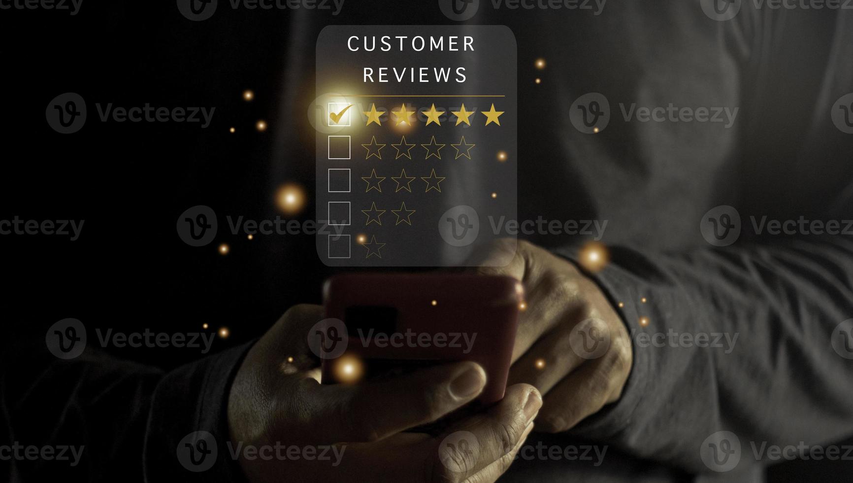 Businessman pressing smiley face emoticon on virtual touch screen. Customer service evaluation concept. Excellent Customer Service Evaluation. photo