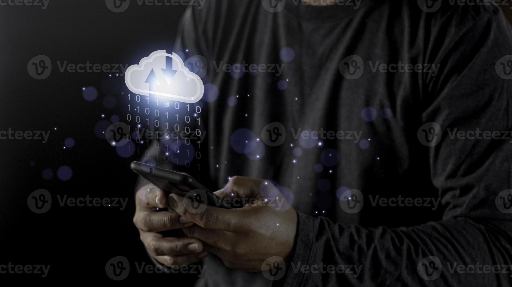 Cloud computing concept - connect to cloud. Businessman or information technologist click on cloud computing icon. photo