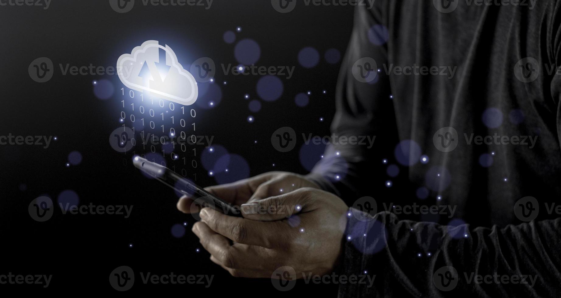 Cloud computing concept - connect to cloud. Businessman or information technologist click on cloud computing icon. photo