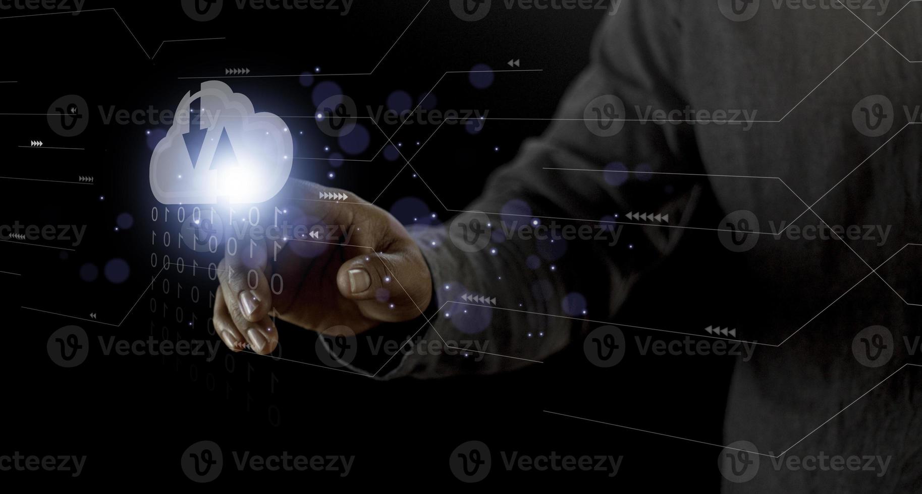 Cloud computing concept - connect to cloud. Businessman or information technologist click on cloud computing icon. photo