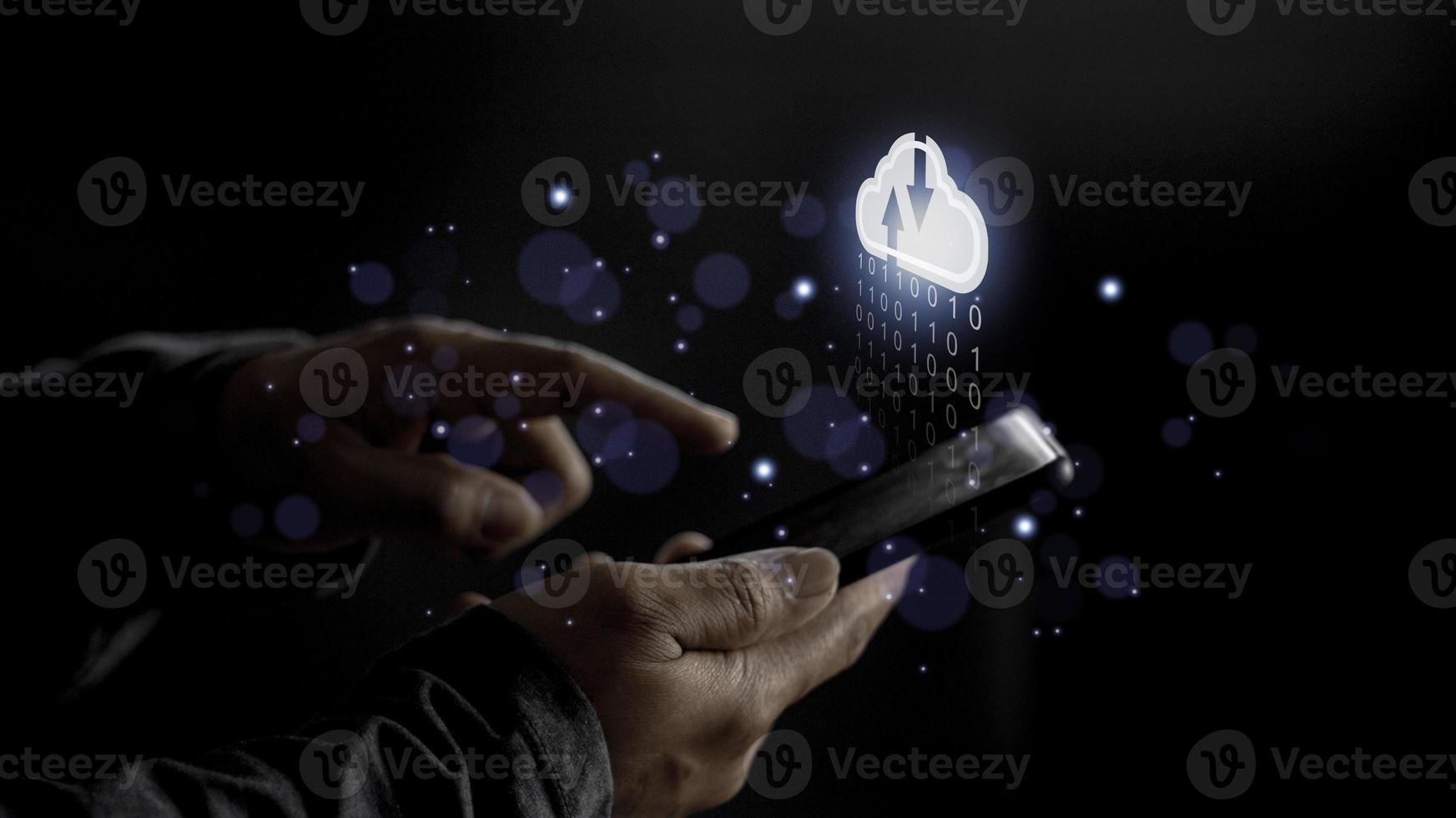 Cloud computing concept - connect to cloud. Businessman or information technologist click on cloud computing icon. photo