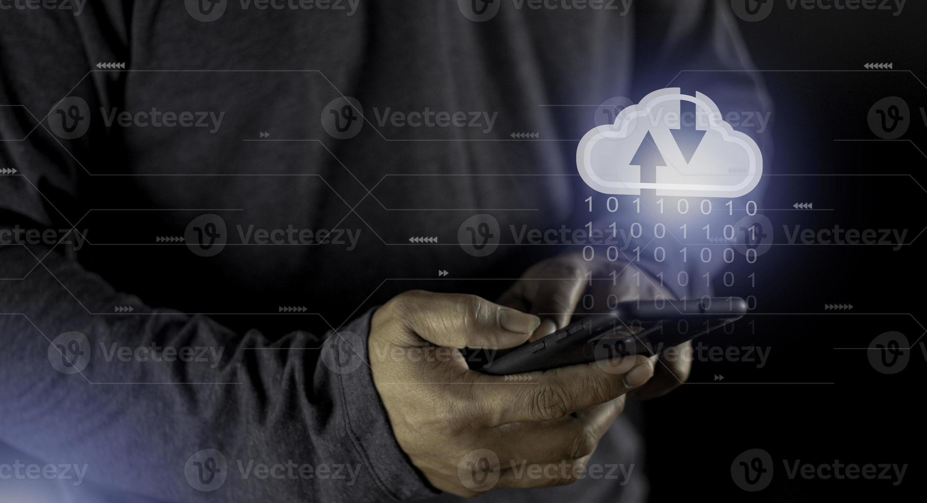Cloud computing concept - connect to cloud. Businessman or information technologist click on cloud computing icon. photo