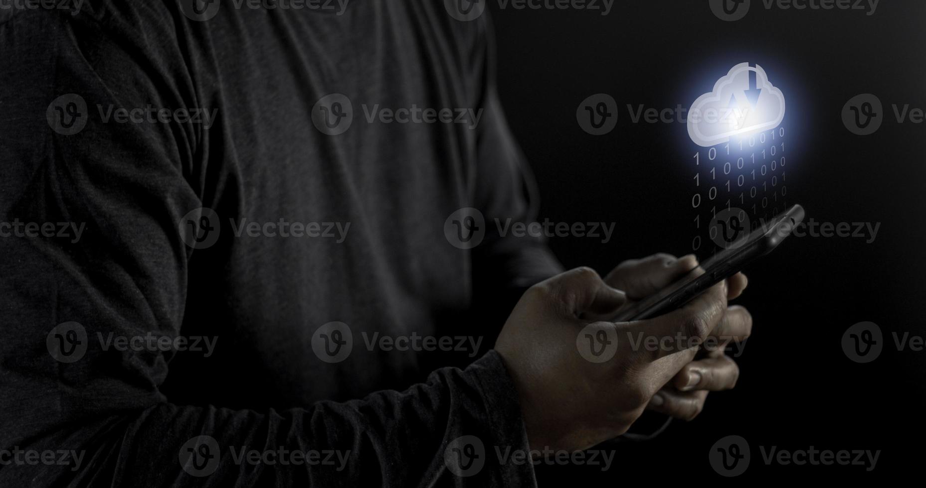 Cloud computing concept - connect to cloud. Businessman or information technologist click on cloud computing icon. photo