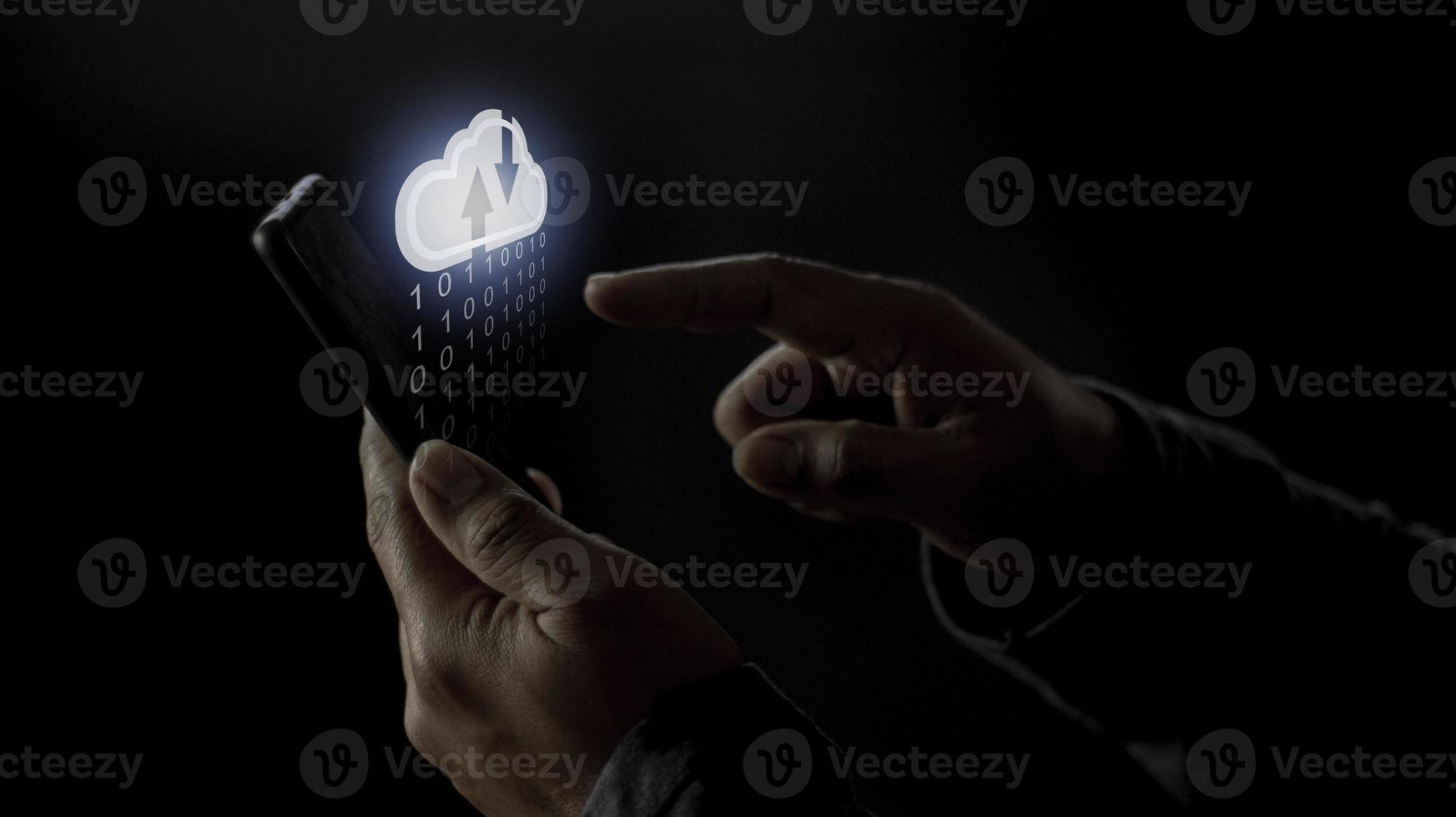 Cloud computing concept - connect to cloud. Businessman or information technologist click on cloud computing icon. photo
