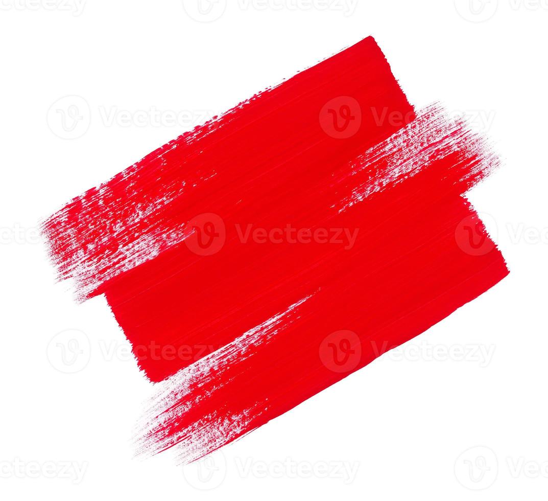 Red acrylic paint artistic three diagonal brush strokes isolated on white background. Place for text, headline. Design template for logo and sale banner. Hand painted frame with copy space. photo