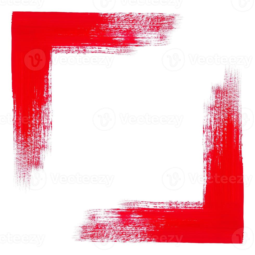 Red angled frame isolated on white background. Square corner border hand drawn with acrylic red paint. Place for text, copy space, hand painted frame, for invitations, printing. photo