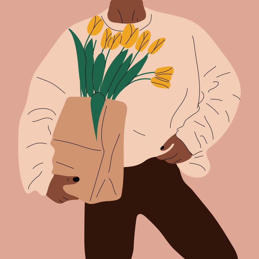Bouquet hand holding tulips. March 8 Valentine's Day vector