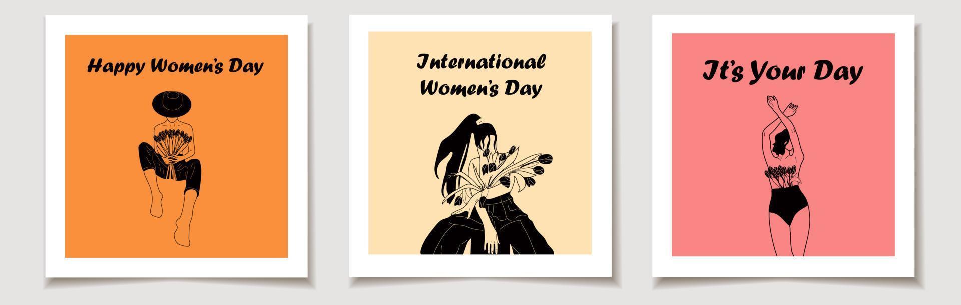 International Women's Day. A set of greeting cards with Female blooming from within flat vector illustration. Nude woman with flowers growing from chest.