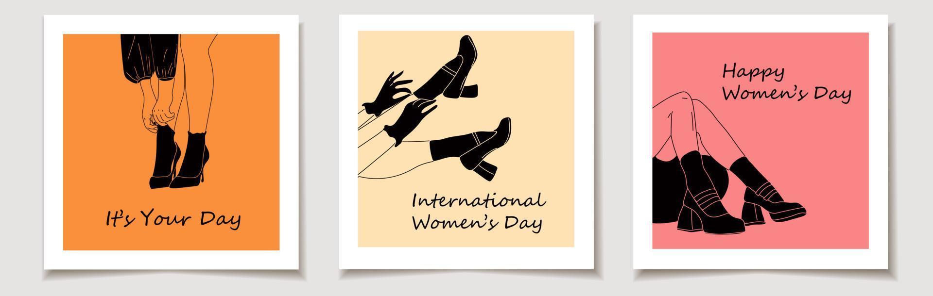 día Internacional de la Mujer. un conjunto de tarjetas de felicitación con piernas femeninas en zapatos elegantes con tacones y calcetines de encaje en estilo monocromo. vector