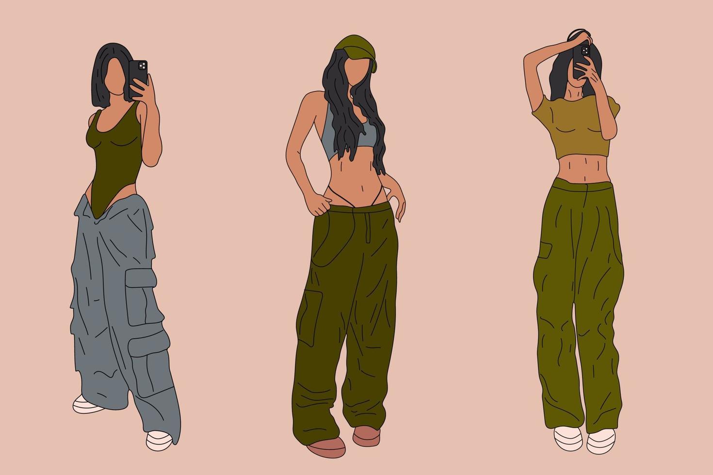 conjunto de tres hermosas mujeres jóvenes en ropa de moda estilo militar 90s 2000s en pleno crecimiento posando. boceto dibujado a mano. ilustración vectorial vector