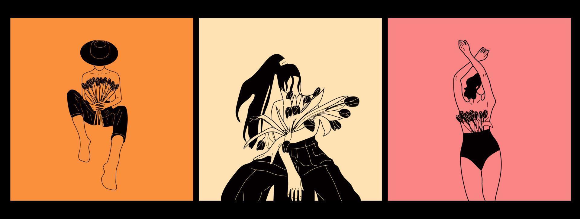 conjunto de tres hembras que florecen desde dentro de la ilustración vectorial plana. mujer desnuda con flores que crecen del pecho. concepto de feminidad, feminismo, prosperidad y amor propio. vector