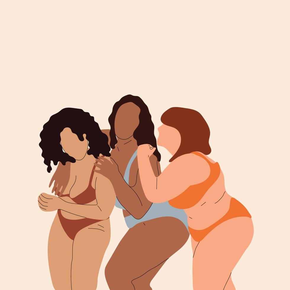 Body, different and diversity with underwear, women with fitness and beauty, equality and inclusivity with body positive and empowerment. Happy, age and wellness with motivation, health and skin. vector