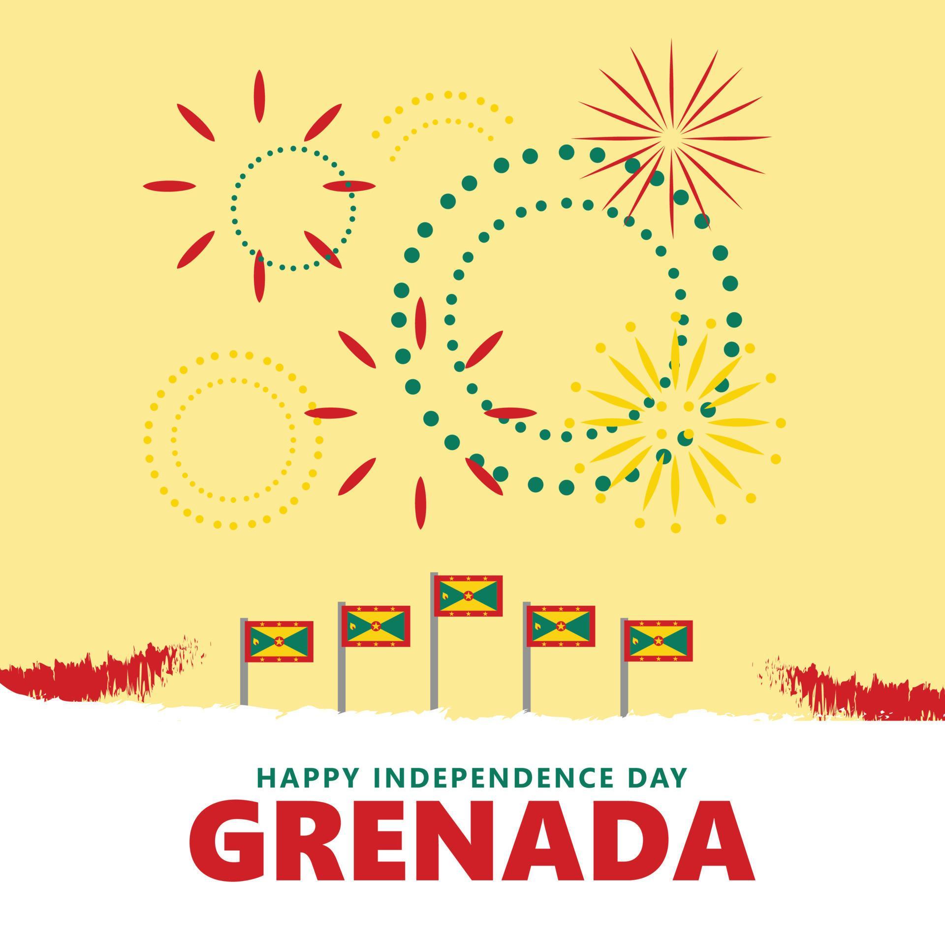 Grenada independence day with national flag and fireworks. Caribbean