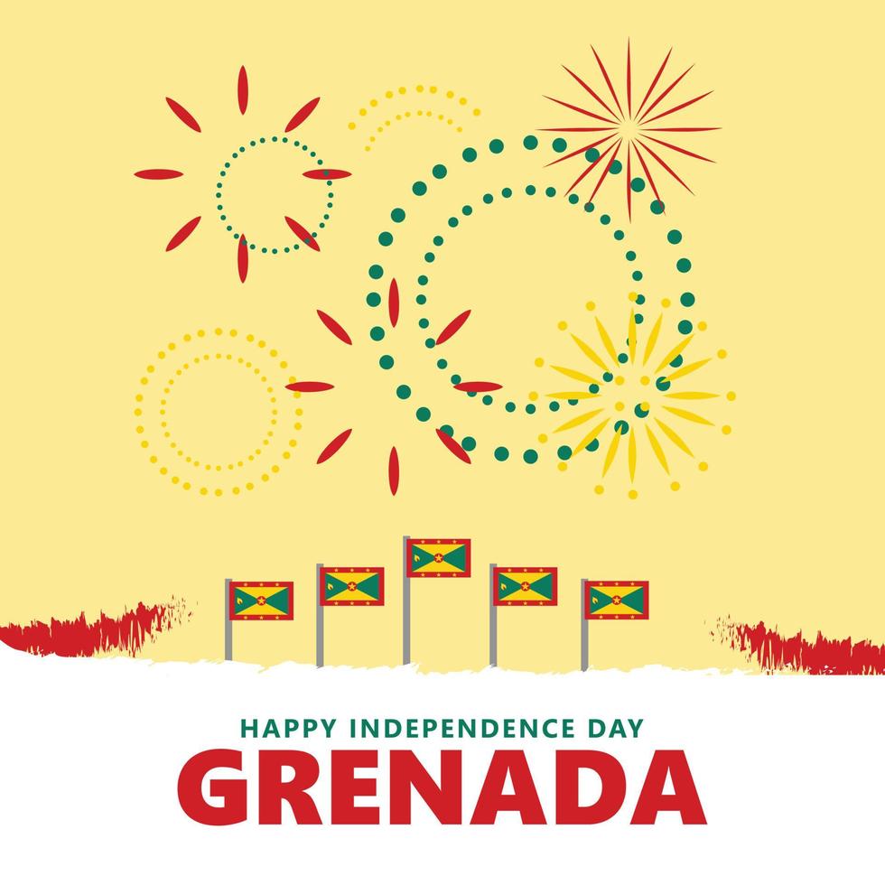día de la independencia de granada con bandera nacional y fuegos artificiales. plantilla de publicación en redes sociales de vacaciones públicas del país caribeño. vector