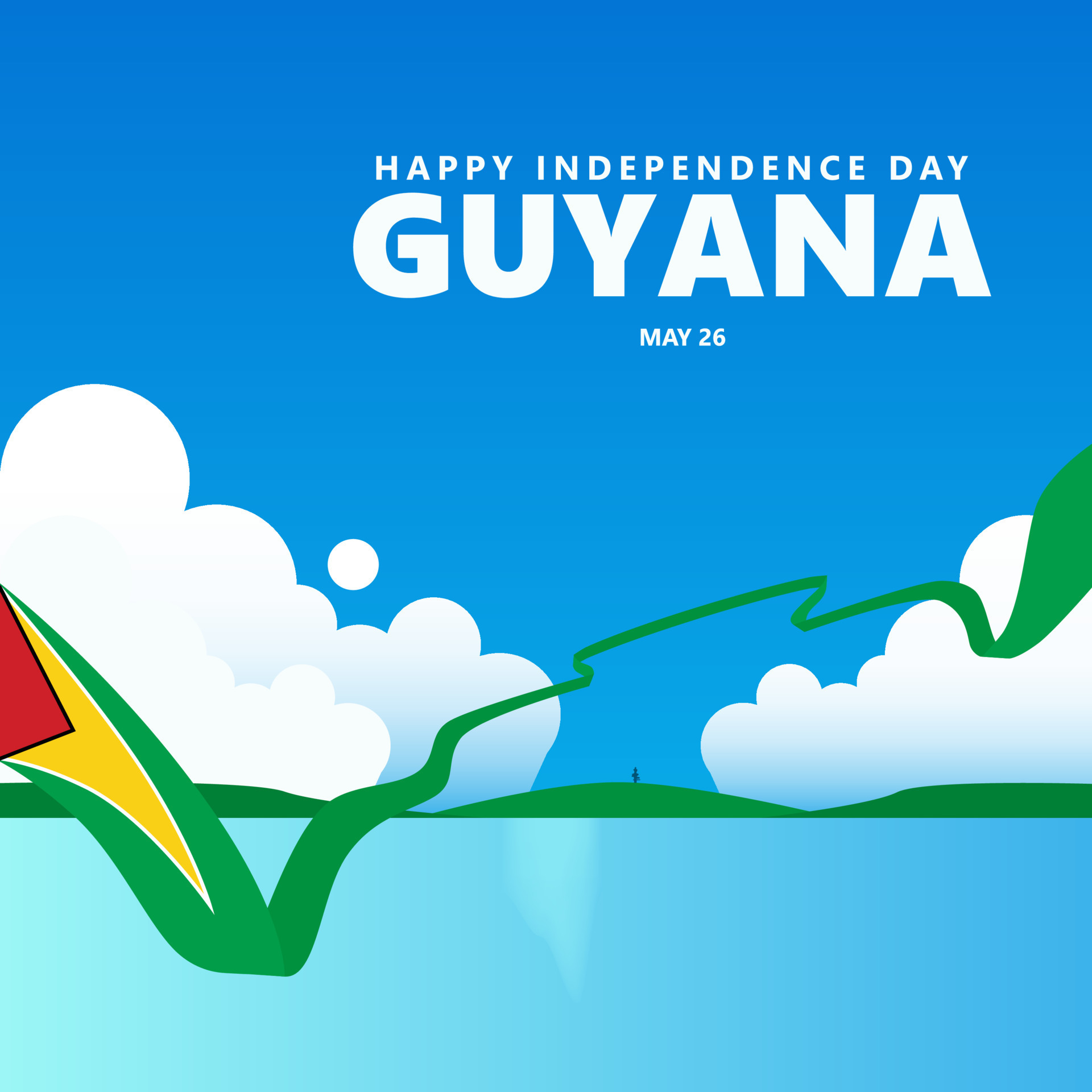 Guyana independence day vector illustration with cloud and ocean 3d