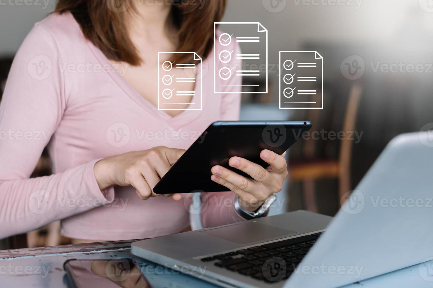 Online business contract Electronic signature, e-signing, digital document management, paperless office, business hand working photo