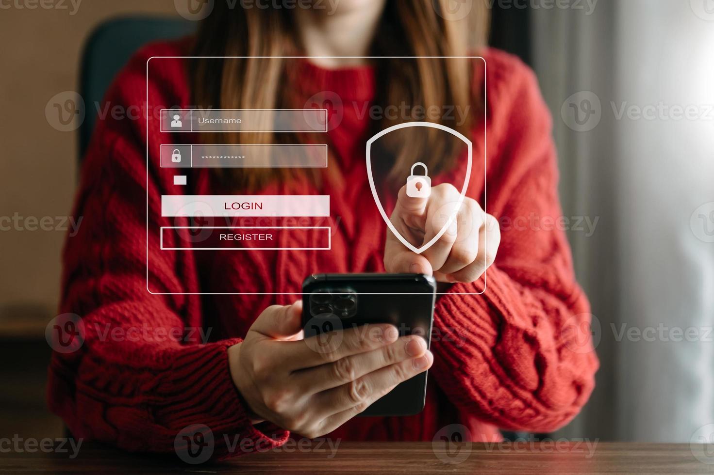 Cyber security concept, Login, User, identification information security and encryption, secure access to user's personal information woman using smart phone and tablet photo