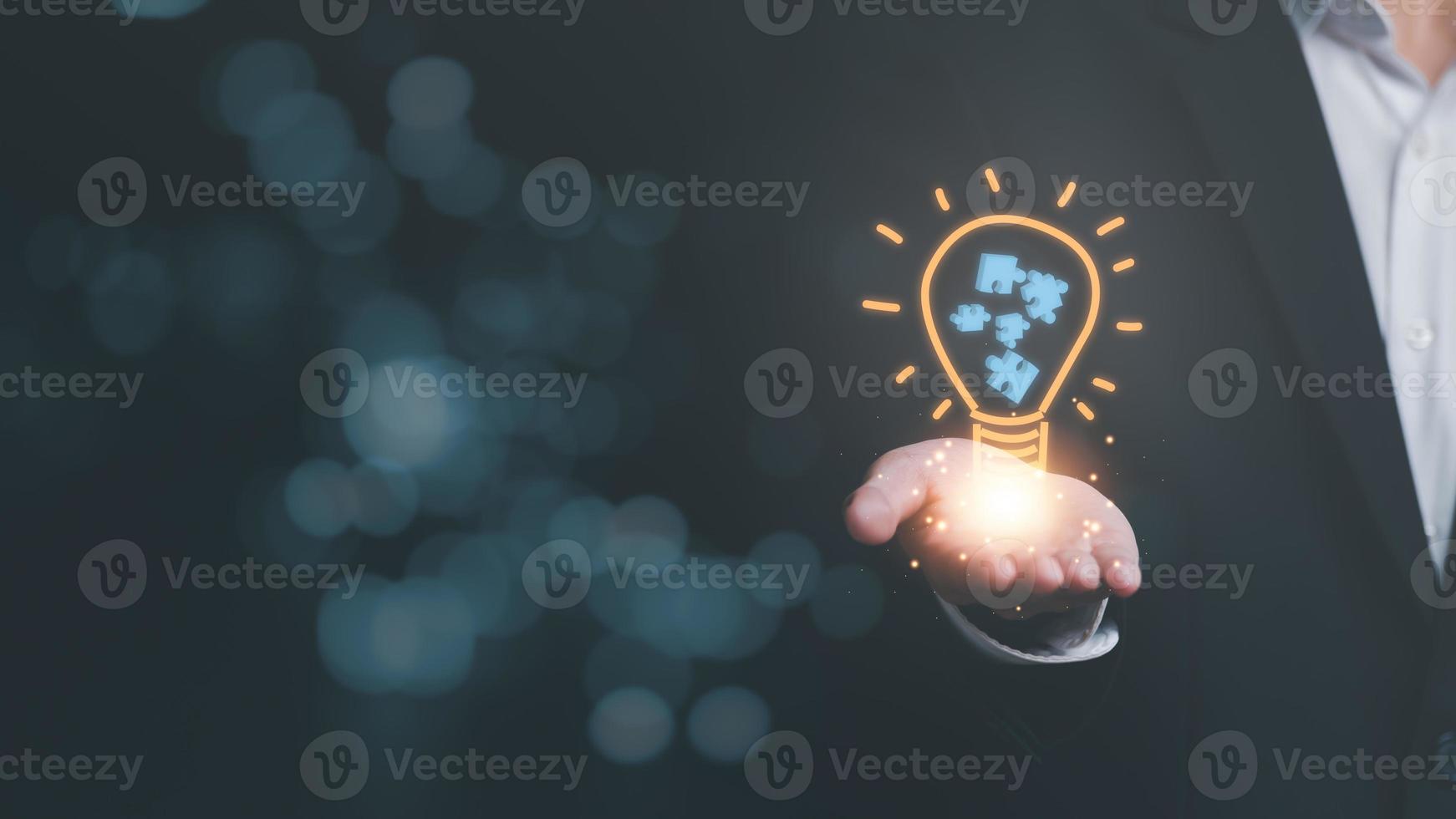 solution concept and demonstrating leadership strategies,Creativity that will lead the business in the right direction,with innovation and brain power from brainstorming,man and light bulb icon photo