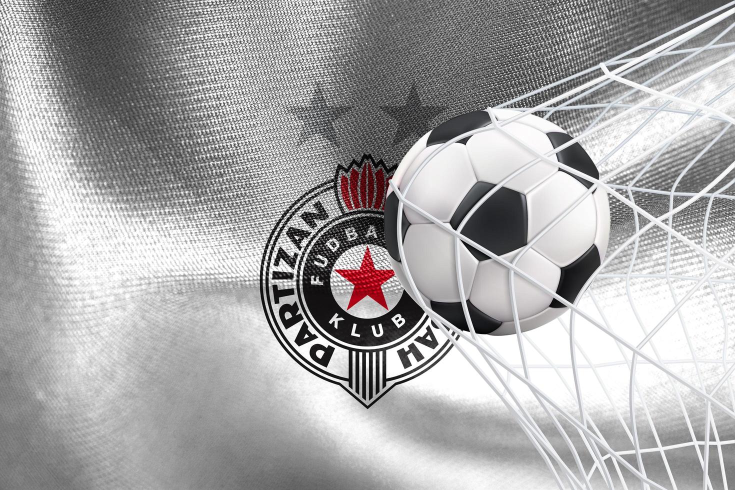 UEFA Champions League 2023, FK Partizan flag with a soccer ball in net, UEFA Wallpaper, 3D work and 3D image. Yerevan, Armenia - 2023 January 27 photo