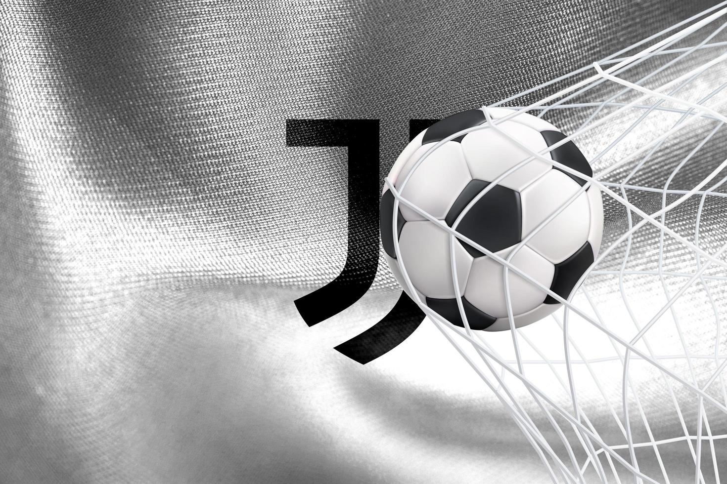 UEFA Champions League 2023, Juventus F.C. flag with a soccer ball in net, UEFA Wallpaper, 3D work and 3D image. Yerevan, Armenia - 2023 January 27 photo